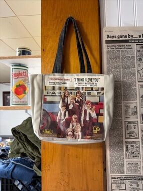 Vintage Partridge Family Graphic Tote Bag - Cream with Black Handles